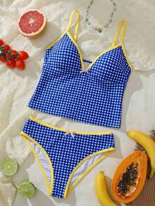 Swim Mod Plus Size Women 2-Piece Random Geometric Square Print Fashion Vacation Casual Slimming Modest Bow Adjustable Thick Strap High Waist High Leg Opening Triangle Bikini Swimwear 2026 New Backless Tankini Set - Multicolor - View 7