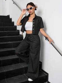 SHEIN 2件套少女海军蓝牛仔短袖露脐上衣和宽松裤 - 黑色 - 查看 3