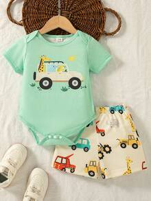 SHEIN Infant/Toddler Boys' Cute Cartoon Car Print Romper And Shorts Set, Spring/Summer - Multicolor - View 1