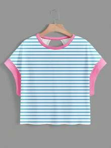 SHEIN Essnce 女士休闲圆领露背不对称下摆宽松无袖T恤，适合夏季穿着 - 藍色 - 查看 2