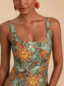 Travachic 1pc Women Abstract Line Star Print Square Neck One-Piece Swimsuit,Teal And Brown,Summer,Boho,Beach,Holiday,Holiday Bathing Suits For Vacation Outfits - Multicolor - View 6