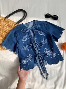 Comfortcana Áo sơ mi denim buộc dây in họa tiết dành cho nữ - Rửa tối - Xem 8