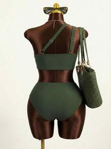 Slaydiva Conjunto de biquíni plus size feminino de cor sólida com um ombro só para praia, outono. - Verde de Exercício - Ver 8