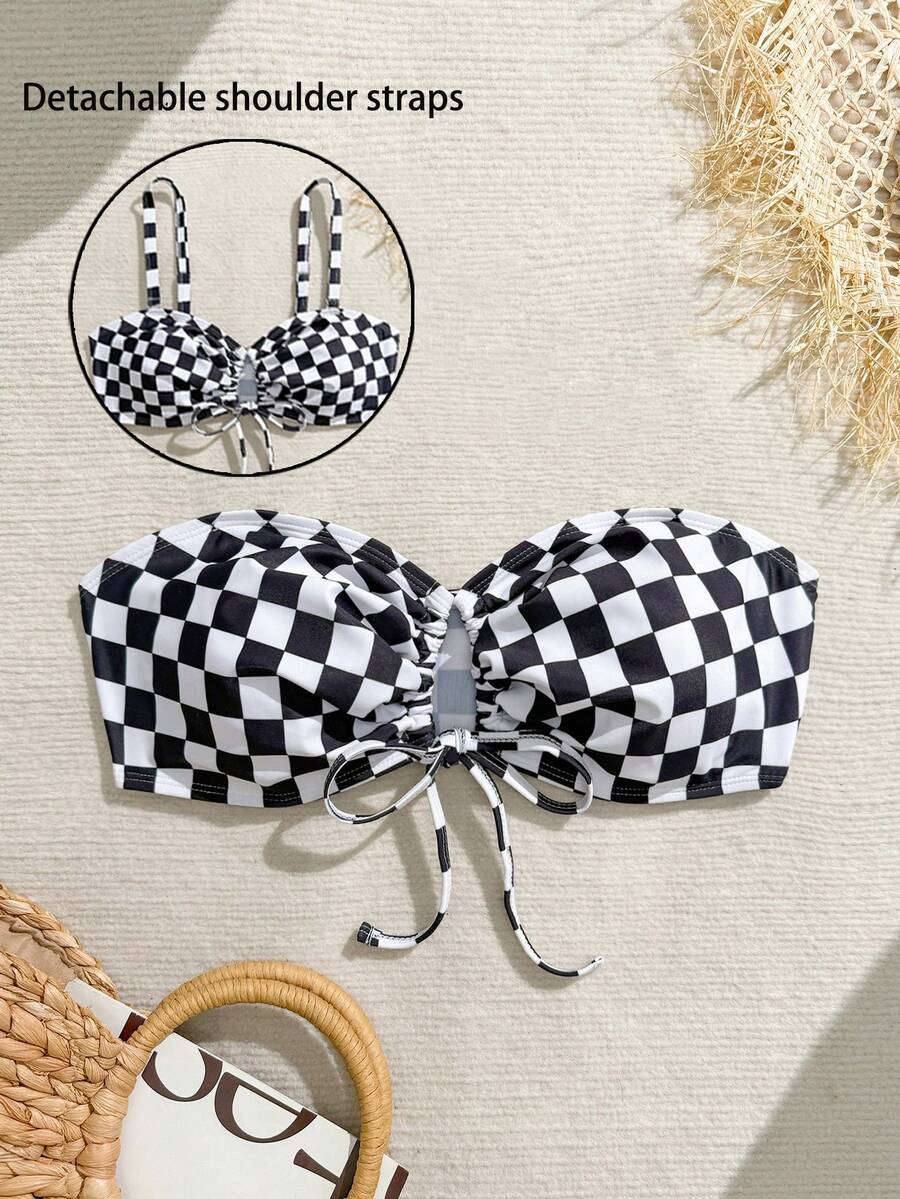 Swim Vcay 2026 New Spring/Summer Plus Size Swimwear Top, Contrast Color Checkerboard Print, Drawstring Bandeau Detachable Adjustable Strap, Sexy Beach Vacation Pool Wear - Black and White - View 1
