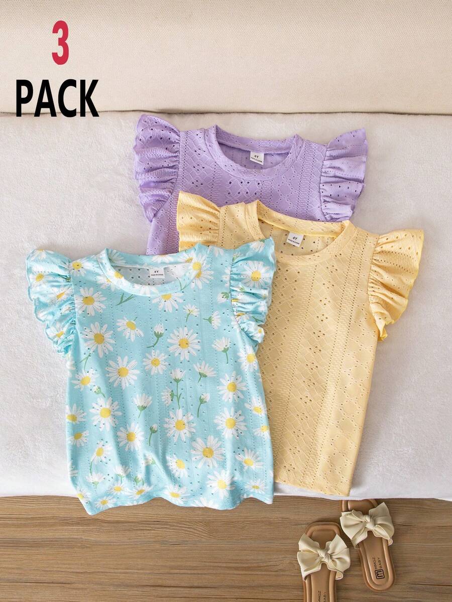 Bohemian Ditsy Floral, Gentle Purple Striped, 3D Bow Pattern, Young Girl Casual Simple Versatile Round Neck Cap Sleeve T-Shirt 1pc Suitable For Spring - Multicolor - View 1