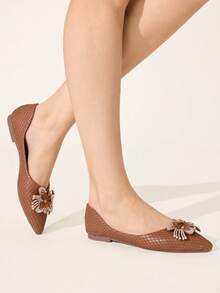 CUCCOO CHICEST 尖头平底舒适时尚百搭仙女水钻蝴蝶花童软底棕色低帮平底鞋 - 棕色 - 查看 8