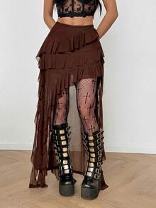 Coolane 女士春冬哥特风Y2K演唱会街头风度假波西米亚Y2K乡村演唱会辣妹蕾丝不对称荷叶边流苏黑色低腰长裙 - 棕色 - 查看 6