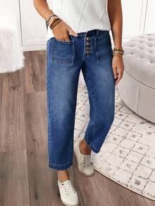 EMERY ROSE Plus Size Women Pockets Button Casual Versatile Daily Wear Denim Jeans - Dark Wash - View 3