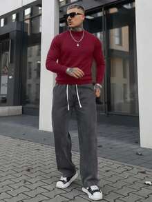 Artur Kramer Sweater Rajut Kasual Minimalis Lengan Panjang Kerah Tegak Pria, Warna Polos, Ringan untuk Musim Gugur/Dingin - Burgundy - View 6