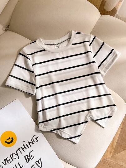 Genkimix Kids 女童（小号）白色 Polo 领 T 恤，不对称黑色条纹下摆，短袖