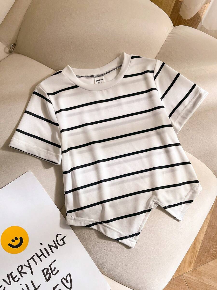 Genkimix Kids 女童（小号）白色 Polo 领 T 恤，不对称黑色条纹下摆，短袖 - 彩色 - 查看 1