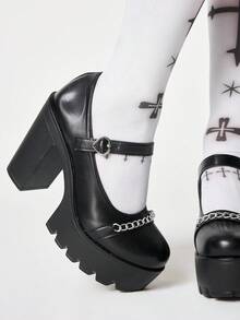 ROMWE Grunge Punk 女士高跟鞋暗黑摇滚朋克哥特风鞋 Y2K派对礼服鞋粗跟包头玛丽珍小号皮鞋交叉绑带爱心JK制服鞋 - 黑色愛心鏈條 - 查看 3