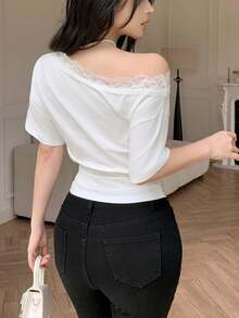 Modelyn White Asymmetrical Shoulder Lace Trim Waist Fitted Short Sleeve T-Shirt - White - View 2