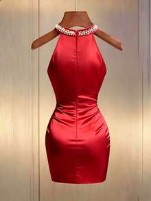 Franclia Robe sexy moulante à encolure ronde, ornée de perles, épaules dénudées, taille ajustée, en tricot satin, romantique pour les vacances et les déplacements, pour femmes - Rouge - Voir 2