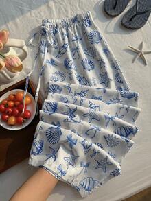 SHEIN Comfortcana 大码夏季度假海洋印花白色宽松阔腿抽绳直筒裤 - 藍白色 - 查看 5