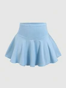 SHEIN 少女休閒街頭風瑜伽網球運動時尚層次荷葉邊設計內建內搭褲防走光純色裙 - 藍色 - 查看 5