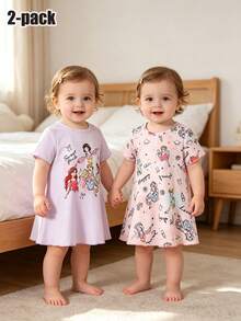 2pcs Baby Girls' Cute Cloud Sleeping Pattern Full Cloud Print Cuff Hem Nightgown Set - Multicolor - View 3