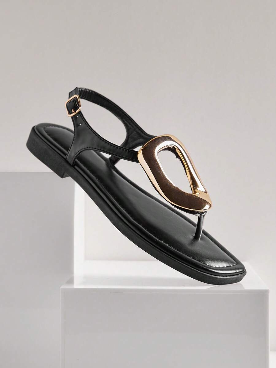SHUZIA Women's Fashion Comfy Gold Metal Ring Decor Thong Strap Flat Sandals - Black - View 1
