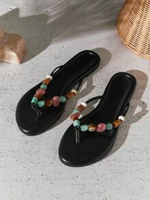 Solezae Women's Alba Stones Embellished T Thong Straps Flip Flop Flat Sandals - Black - View 2