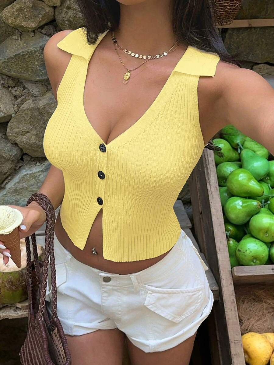 Sunnyshic Casual Versatile Minimalist Collared Fitted Women Sweater Vest - Light Yellow - View 1