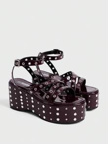 Sugerpunk Giày sandal đế cao, gót đính kim tuyến, khóa cài nhọn dành cho nữ. - Màu Đỏ Sâu - Xem 2