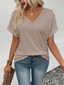 Selamara Women's V-Neck Turnover Cuff Short Sleeve Casual All-Match T-Shirt, Spring/Summer - Khaki - View 3