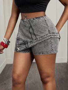 Slaydiva Quần short denim nữ cài nút, kiểu dáng thường ngày, đa năng. - màu đen - Xem 3