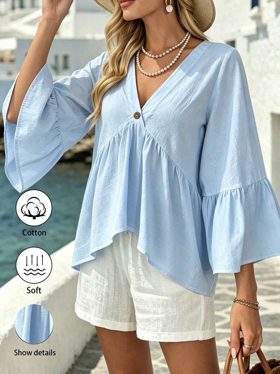 EMERY ROSE White V-Neck Ruffle Sleeve Women's Casual Shirt - Baby Blue - View 1