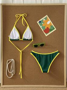 Swim SXY Bộ bikini nữ đính đá lấp lánh màu vàng và xanh lá cây tương phản, thích hợp cho mùa xuân/hè. - màu xanh lá - Xem 4