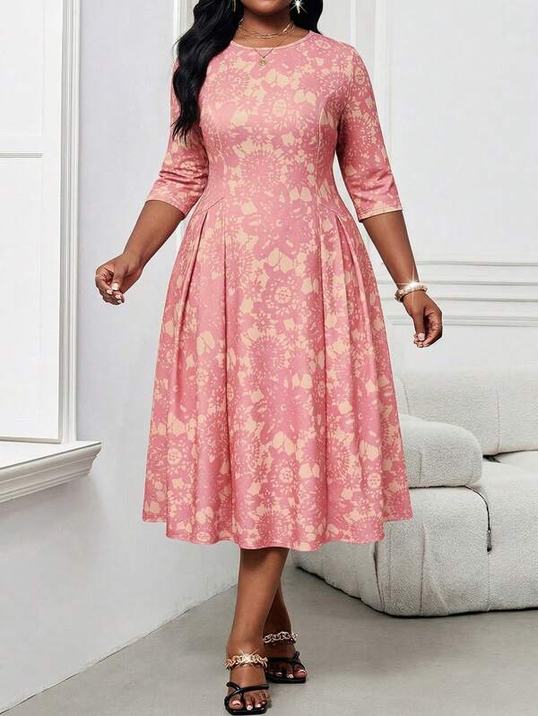 SHEIN Lady Women's Plus Size Baby Pink Floral Print Midi Dress,Elegant Summer Wedding Guest Outfits,Knitted Round Neck Flared 3/4 Sleeve Office Church Dresses