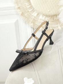 CUCCOO HITCHD Sapatos Femininos Apricot Laço de Renda Sapatos de Casamento Damas de Honra Bico Fino Banquete Salto Alto Vazio - Preto - Visão 7