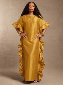 Vixey Boat Neck Off Shoulder Ruffle Detail Maxi Flowy Taffeta Dress - Yellow - View 2