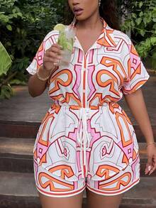 Veslaya Plus Size Women's White Summer Boho Vacation Holiday Floral Print Short Sleeve Shirt And Elastic Waist Shorts 2 Pieces Set,Chic Streetwear Outfits - Multicolor - View 6