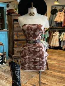 Vestido elegante de fiesta con estampado floral y cintura fruncida para mujer - Marrón - Ver 1