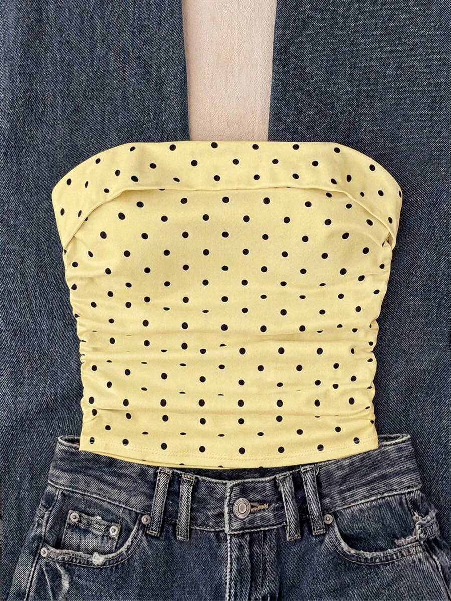 Áo ống chấm bi thường ngày cho bé gái tuổi teen, màu vàng. - Màu vàng - Xem 1