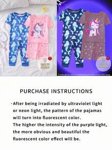 4 pièces Ensemble de pyjama pour bébé fille avec imprimé licorne et sirène, en tissu doux, comprenant un Top à manches courtes, un short et un pantalon, rose et bleu - Multicolore - Voir 6