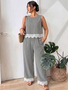 SHEIN Frenchy 大码两件套条纹蕾丝拼接度假装 - 黑色 - 查看 5
