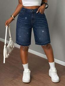 Slaydiva Plus Size Women's Fashion Rhinestone Frayed Hem Denim Shorts Jorts - Dark Wash - View 5