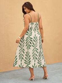 Elaquor 大码女式树叶印花休闲派对外出吊带连衣裙 - 綠色 - 查看 3