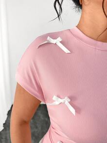 Elenzga Plus Size Women's Bow Decor Romantic Versatile Casual T-Shirt, Suitable For Spring/Summer, Work, Daily Wear And Vacation - Pink - View 3
