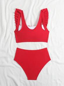 Swim Basics 2-Piece Women Summer Beach Holiday Solid Color Ruffle Strap Pleated Crop Top And High Waisted Ruched Bikini Bottoms - Red - View 6