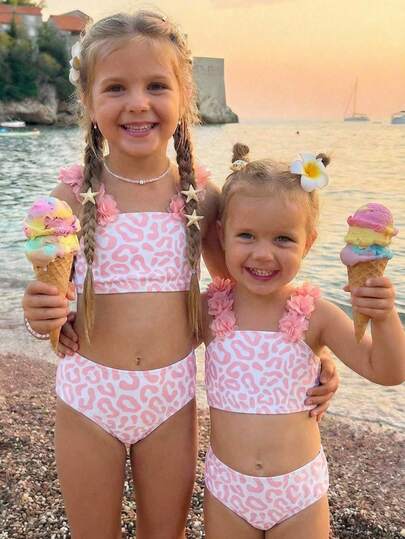 SHEIN Girls' Beachwear, Cute Leopard Print & 3D Floral Decor Spaghetti Strap One-Piece Swimsuit, Fashionable Colorful Casual Swimwear Set For Summer