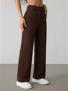 SHEIN PETITE Women's Solid Color High Waist Straight Leg Casual/Office Pants - Coffee Brown - View 6