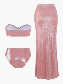 Bonvoyette Bộ 3 món đồ bơi liền thân mùa hè mới, chất liệu vải bóng, đính sequin hình sao biển, kiểu quây ngực, dáng đuôi cá, nâng ngực dành cho nữ. - Hồng - Xem 3