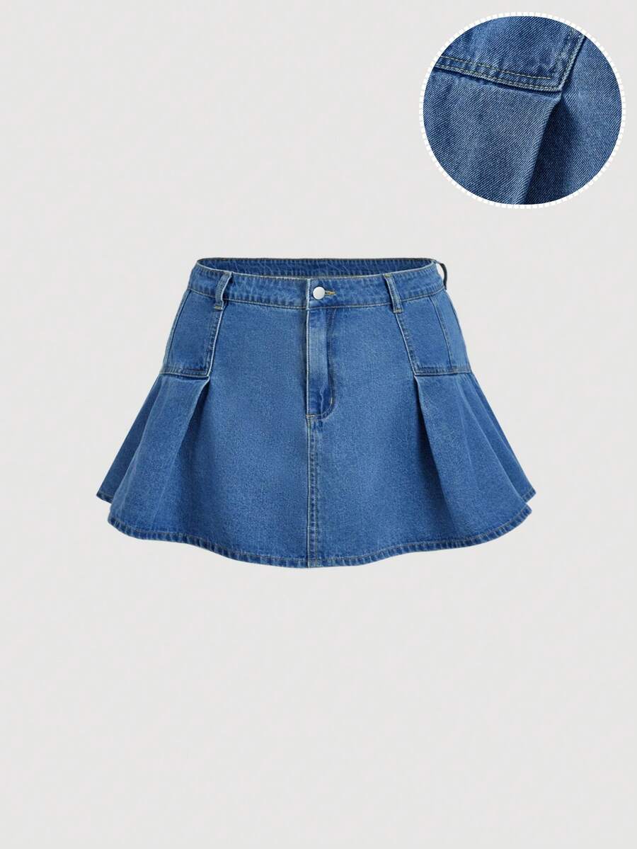 Sweetra Plus Size Women High Waist Slimming A-Line Pleated Denim Mini Skirt - Medium Wash - View 1
