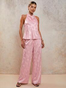 COSMINA Bộ đồ nữ thanh lịch cổ xếp ly, chất liệu jacquard, gồm 2 món, thích hợp cho đi làm, công sở, đi chơi, hẹn hò, mặc hàng ngày, dự đám cưới, mùa xuân/hè. - Hồng - Xem 5