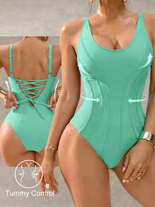 Shapewave Áo tắm liền thân nâng ngực, ôm bụng dành cho nữ, màu xanh đậm, kiểu dáng thanh lịch, thoải mái, thích hợp cho kỳ nghỉ xuân/hè, đi biển, dự tiệc, lễ hội âm nhạc. - Màu xanh Bạc hà - Xem 3