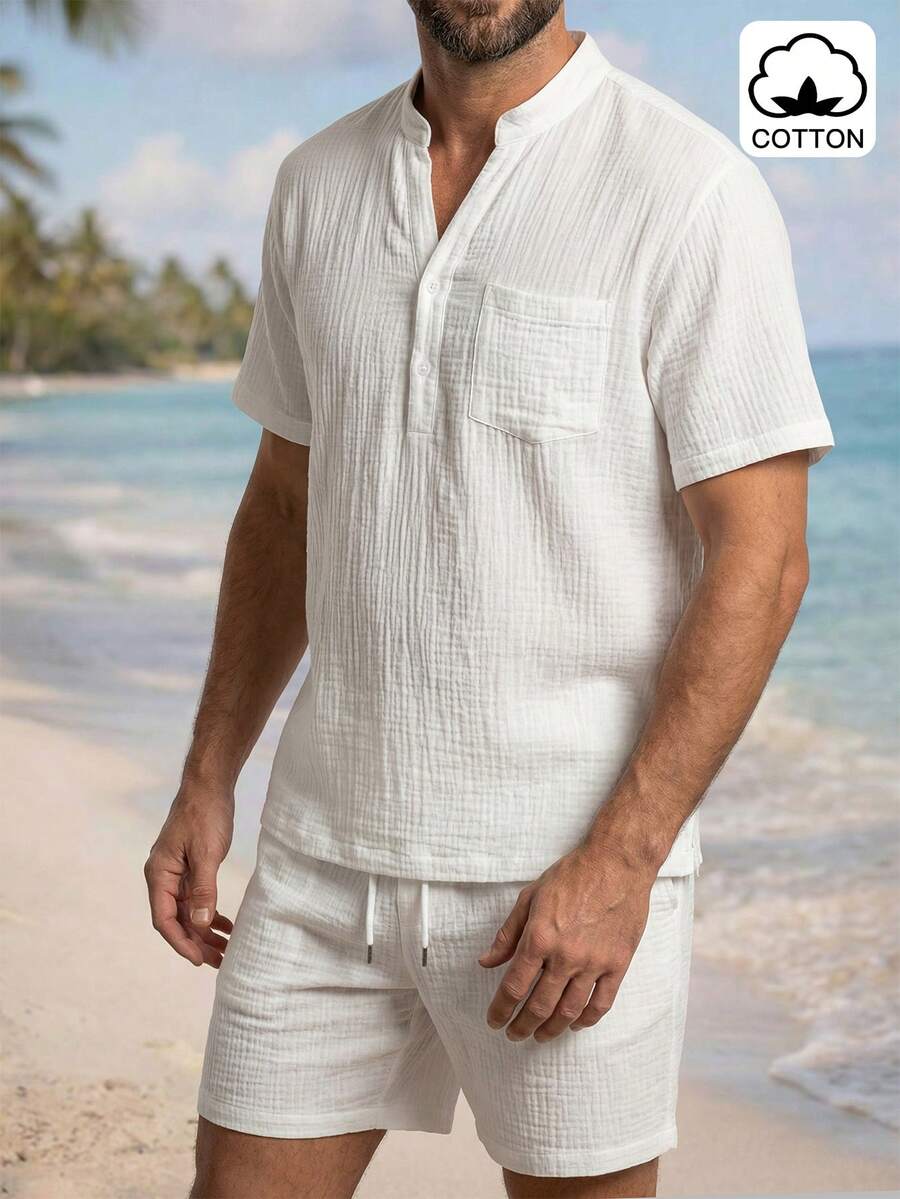 VENTUSAIL 男士纯色简约休闲短袖衬衫短裤套装 - 白色 - 查看 1