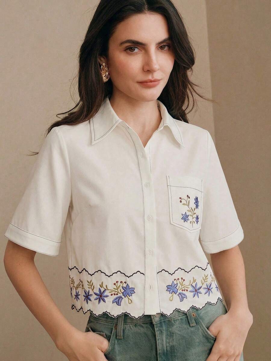 Áo sơ mi nữ ngắn tay Anewsta Xuân/Hè thời trang mới, thêu họa tiết, xếp ly, kiểu dáng thanh lịch, thường ngày. - trắng - Xem 1