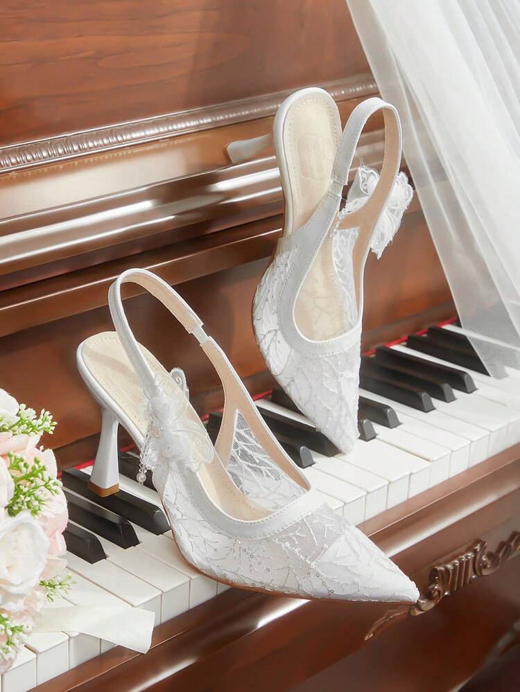 CUCCOO HITCHD Women Shoes Autumn New Mesh Side Butterfly Flower Pointed Toe Low Vamp Thin Heel Elegant Fashion Thick Heel Shoes
